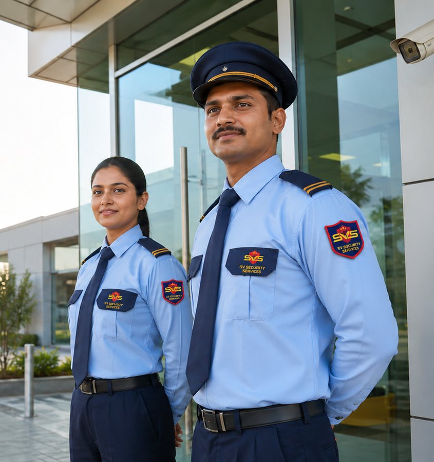 Two SV Security Services guards on duty at the entrance of a client site.