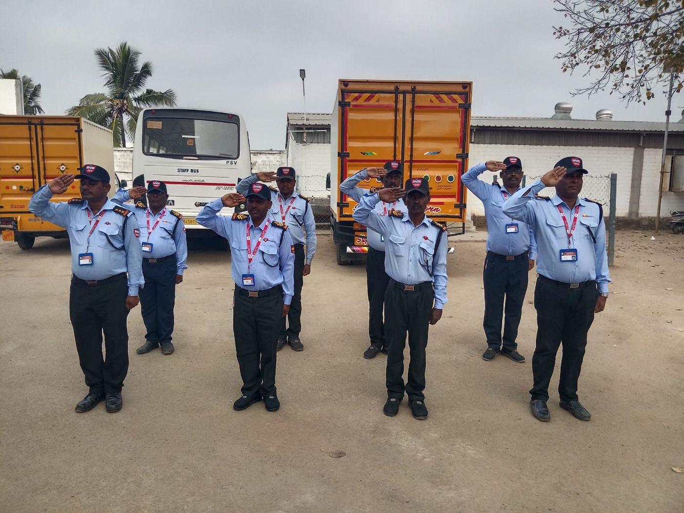 SV Security Services guards at morning muster on a client site in Coimbatore.