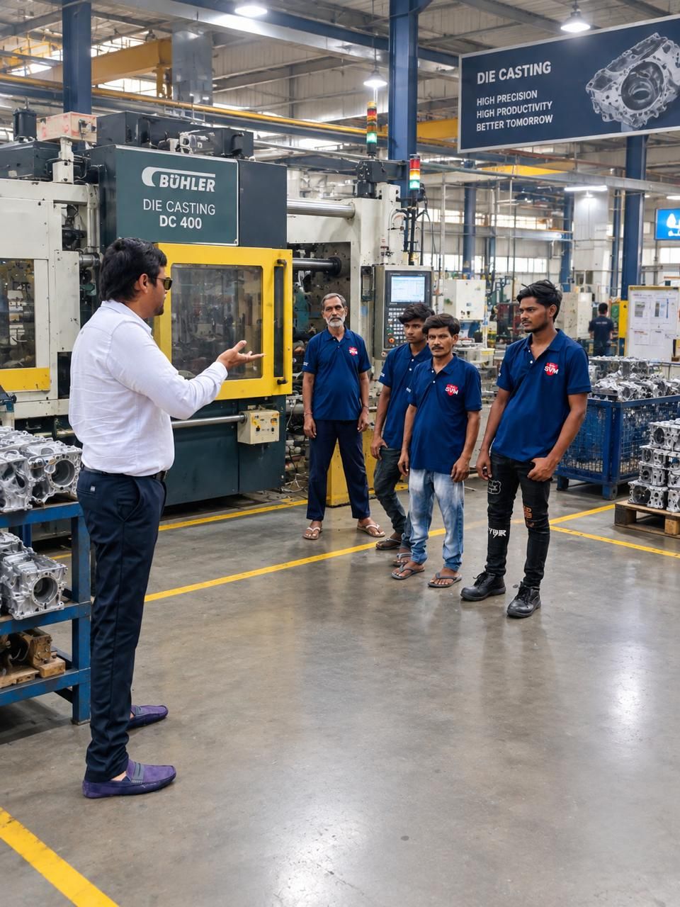 An SV Manpower Solutions supervisor briefing deployed staff on a die-casting shop floor.