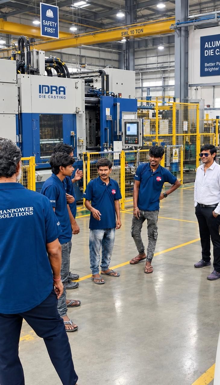 SV Manpower Solutions team on a die-casting plant floor in Coimbatore.